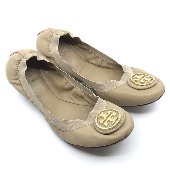 TORY BURCH TAN & GOLD LEATHER STRETCH BALLET FLAT - Picture 1 of 8